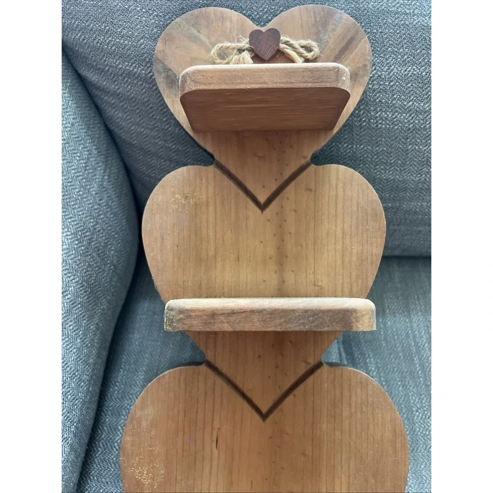 Vintage 3 Tier Wooden Heart Shaped Wall Shelf W/Peg Cottagecore Granny